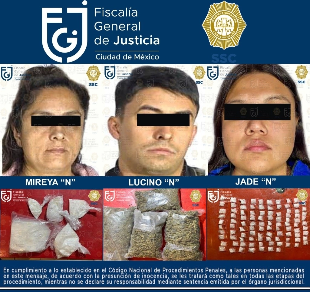 Los imputados fueron detenidos durante un cateo realizado en un domicilio ubicado en la colonia Santa María Tepepan, donde también fueron aseguradas distintas cantidades de sustancias con características similares a mariguana, cocaína y metanfetamina. Foto Fiscalía CDMX