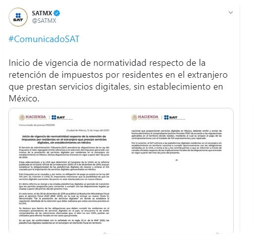A partir del 1 de junio de este año el Servicio de Administración Tributaria empezará a retener el impuesto generado por la prestación de servicios digitales, cuya sede fiscal está en el extranjero. Imagen tomada del Twitter de @SATMX