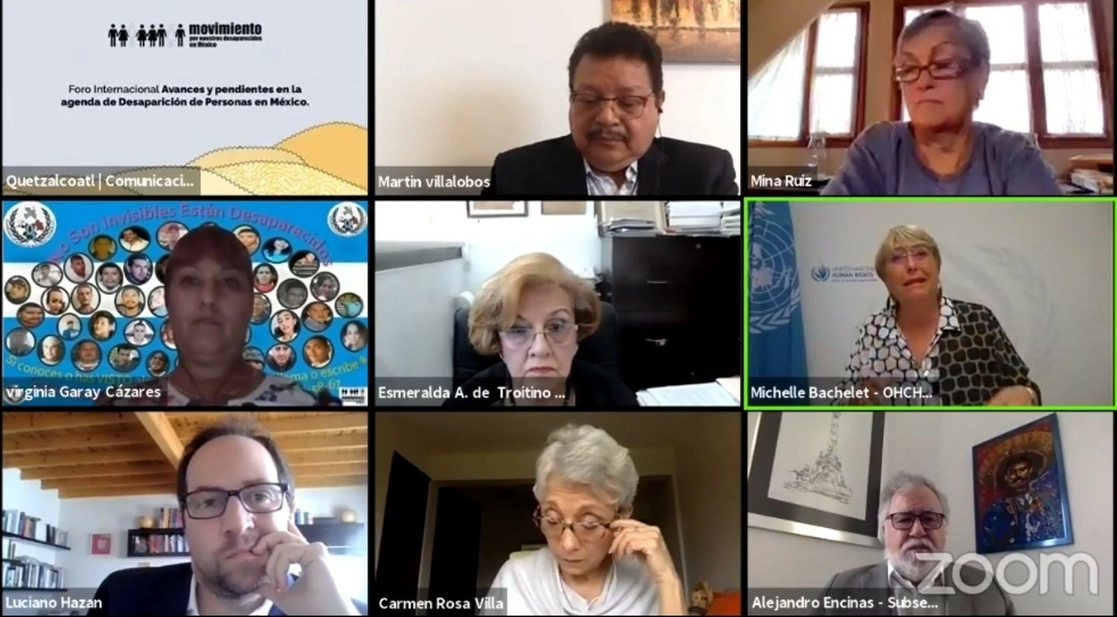 Participantes en el foro Avances y retos de la Desaparición en México, organizado por el Movimiento por Nuestros Desaparecidos, el 31 de agosto de 2021. Imagen tomada de la transmisión a través del Twitter de @ONUDHmexico