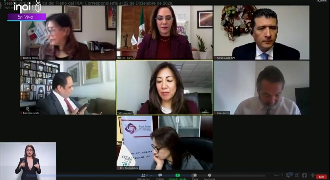 Sesión virtual del pleno del Inai