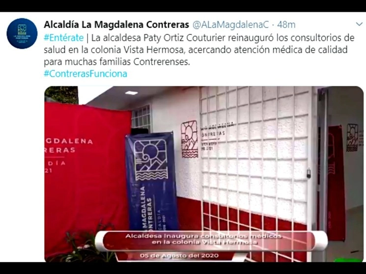 Con la inauguración de tres consultorios médicos, dentales y sicológicos en la emergencia sanitaria por Covid-19, suman 15 los espacios de salud en la alcaldía La Magdalena Contreras, en beneficio de 15 mil familias. Imagen tomada del Twitter @ALaMagdalenaC
