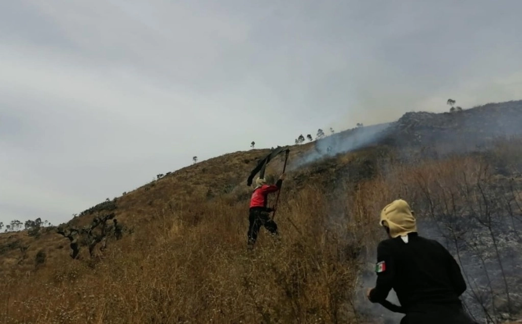 Personal de Protección Civil y Bomberos de Ixtapaluca trabajan para controla el incendio en el cerro El Pino. Foto @pchcbixtapaluca