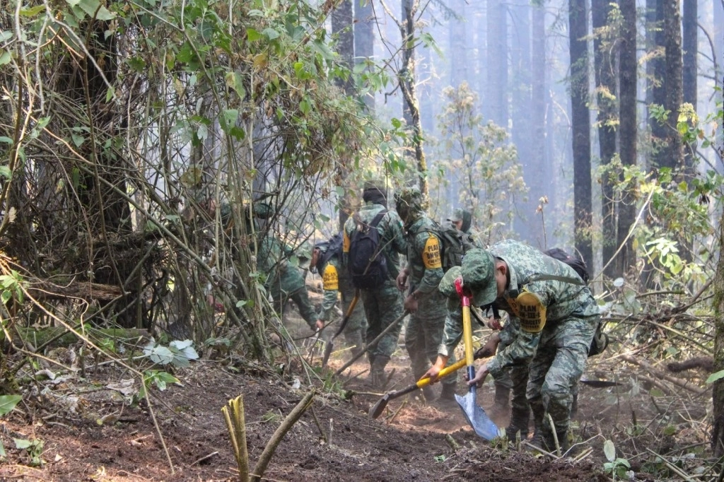 Elementos de la Sedena apoyan en las tareas para controlar el incendio forestal en el paraje Lechuguillas, en Huitzilac, Morelos. Foto ‘La Jornada’