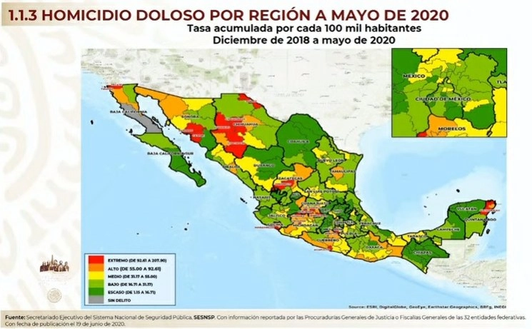 Mapa de incidencia de homicidios dolosos presentada por el secretario de Seguridad, Alfonso Durazo, durante la conferencia presidencial realizada en Cuernavaca, Morelos 