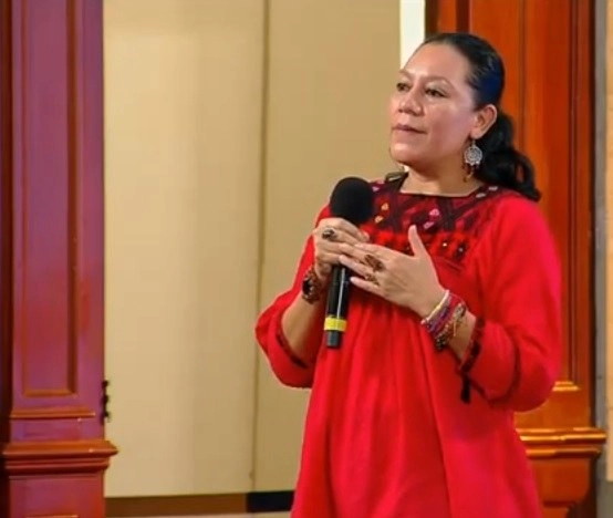 La secretaria de Bienestar, María Luisa Albores González durante conferencia de prensa. Fotograma tomado del video emitido por el Gobierno de México