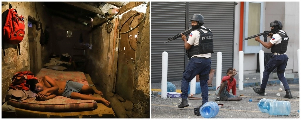 Izquierda, el salvadoreño César Velásquez, de 14 años, quien vive con su abuela. Derecha. protesta en Puerto Príncipe. Fotos Ap
