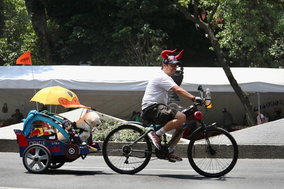 Capitalinos que participan en el paseo dominical en bicicleta también pasean a sus perros sobre Paseo de la Reforma, en la Ciudad de México, el 26 de junio de 2022. Foto Luis Castillo