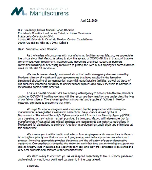 Imagen de la carta de los empresarios estadunidenses. 