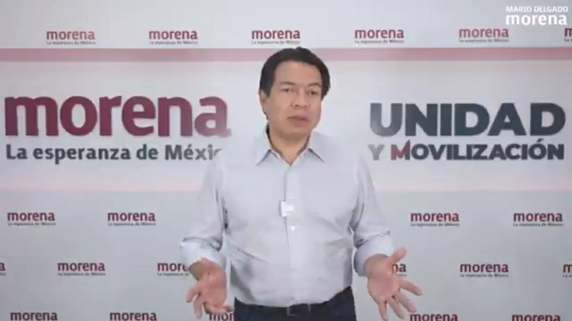 El presidente nacional de Morena, Mario Delgado durante su mensaje. Fotograma tomado del video emitido en la cuenta de Twitter @mario_delgado
