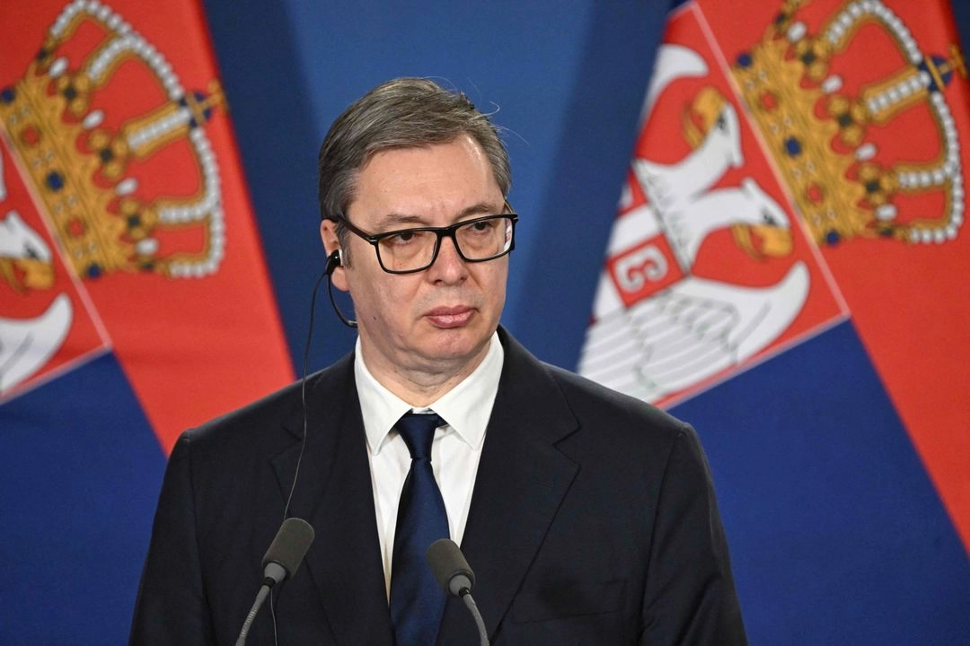 El presidente serbio, Aleksandar Vucic, durante una conferencia de prensa en Budapest, Hungría.