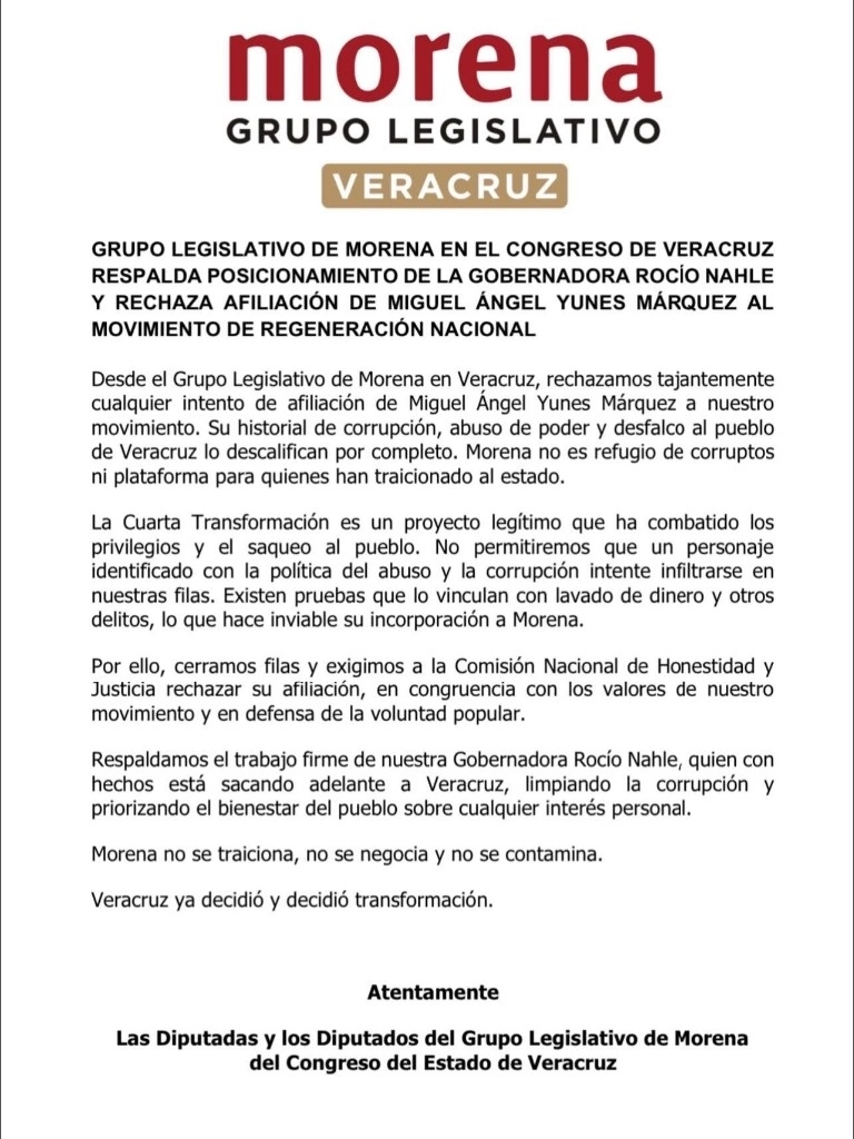 Desplegado firmado por diputados de Morena que respaldan el pronunciamiento de la gobernadora Nahle contra la afiliación de Yunes al partido. Imagen tomada de https://x.com/rocionahle