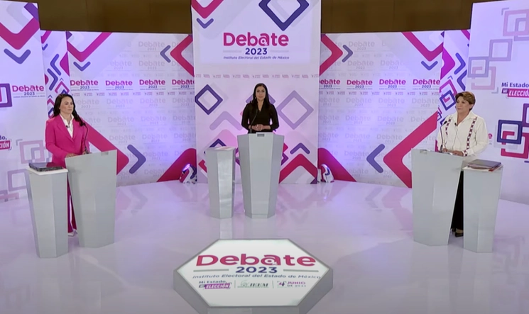 Bajo la moderación de la periodista Ginarely Valencia, dio inicio el segundo y último debate entre las candidatas a la gubernatura del Estado de México. Captura de pantalla de la transmisión en vivo
