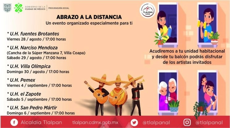 Tlalpan llevará una serie de eventos a la unidades habitacionales de la demarcación como parte del festival "Abrazo a la distancia". Imagen tomada de facebook.com/TlalpanCultura