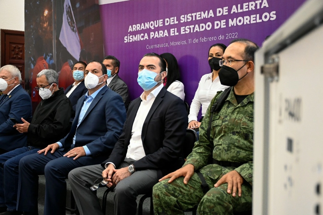 El gobernador de Morelos, Cuauhtémoc Blanco, y autoridades estatales de Protección Civil dieron inicio al Sistema de Alerta Sísmica en la entidad, el 11 de febrero de 2022. Foto tomada del Twitter de @GobiernoMorelos 