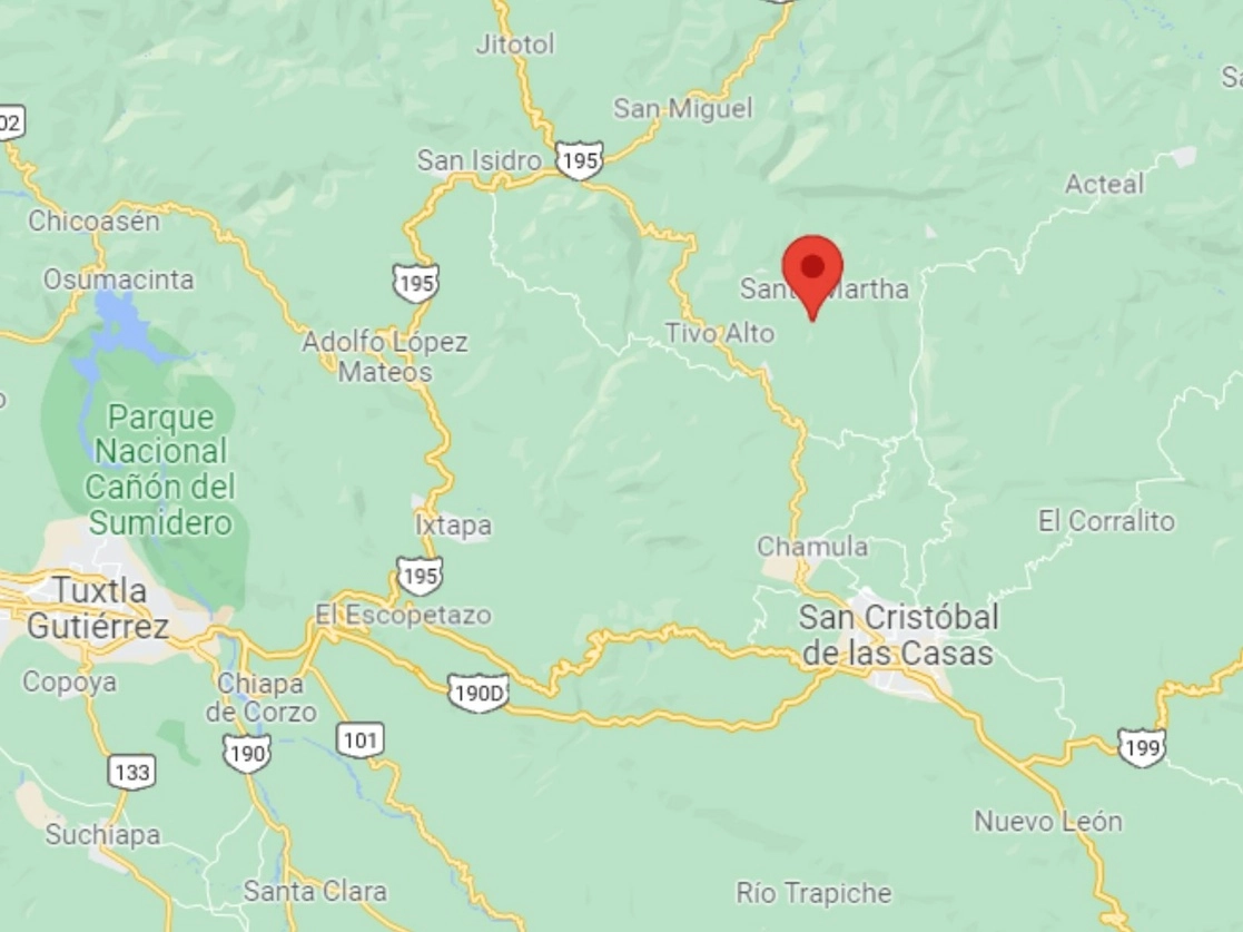 Se presume que durante el ataque con armas de fuego por parte de sujetos de la comunidad de Santa Martha contra el vehículo en el que viajaban cuatro personas, entre ellas, Domingo Sántiz Jiménez, éste resultó herido y al caer, el cauce lo arrastró. Imagen tomada de Google Maps