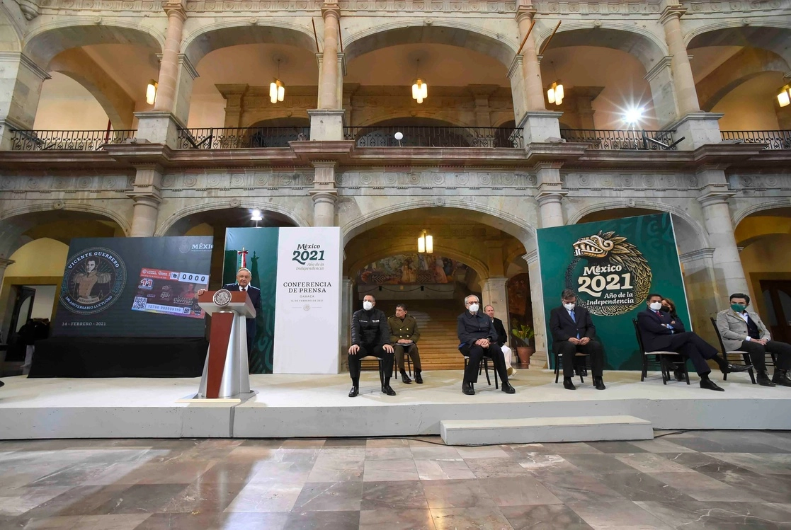 Andrés Manuel López Obrador, Presidente de México en conferencia de prensa en Palacio de Gobierno de Oaxaca. el 14 de febrero de 2021. Foto Presidencia