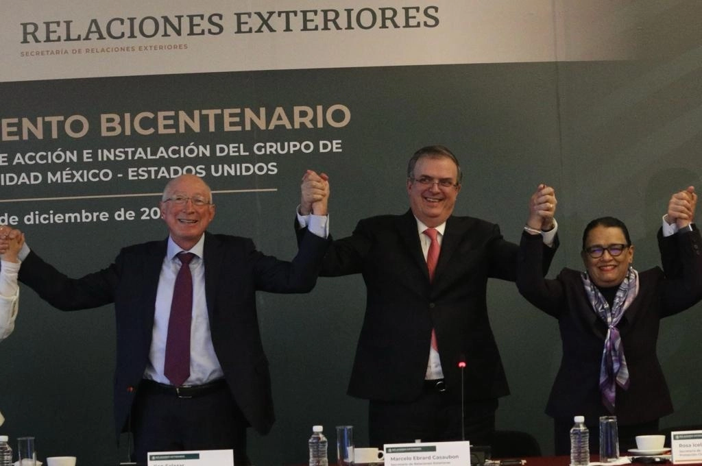 El embajador de Estados Unidos en México, Ken Salazar; el canciller Marcelo Ebrard y la secretaria de Seguridad y Protección Ciudadana, Rosa Icela Rodríguez, durante la instalación del grupo de Alto Nivel de Seguridad, el 14 de diciembre de 2021. Foto María Luisa Severiano