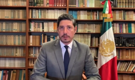 EL embajador Pablo Monroy Conesa durante un mensaje por la situación política en Perú el pasado 15 de diciembre de 2022. Imagen tomada del video publicado en la cuenta de Twitter @SRE_mx