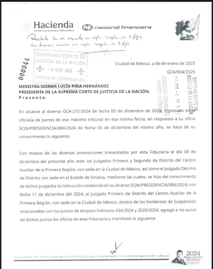 Portada del documento entre Hacienda y la Suprema Corte respecto a los fideicomisos.