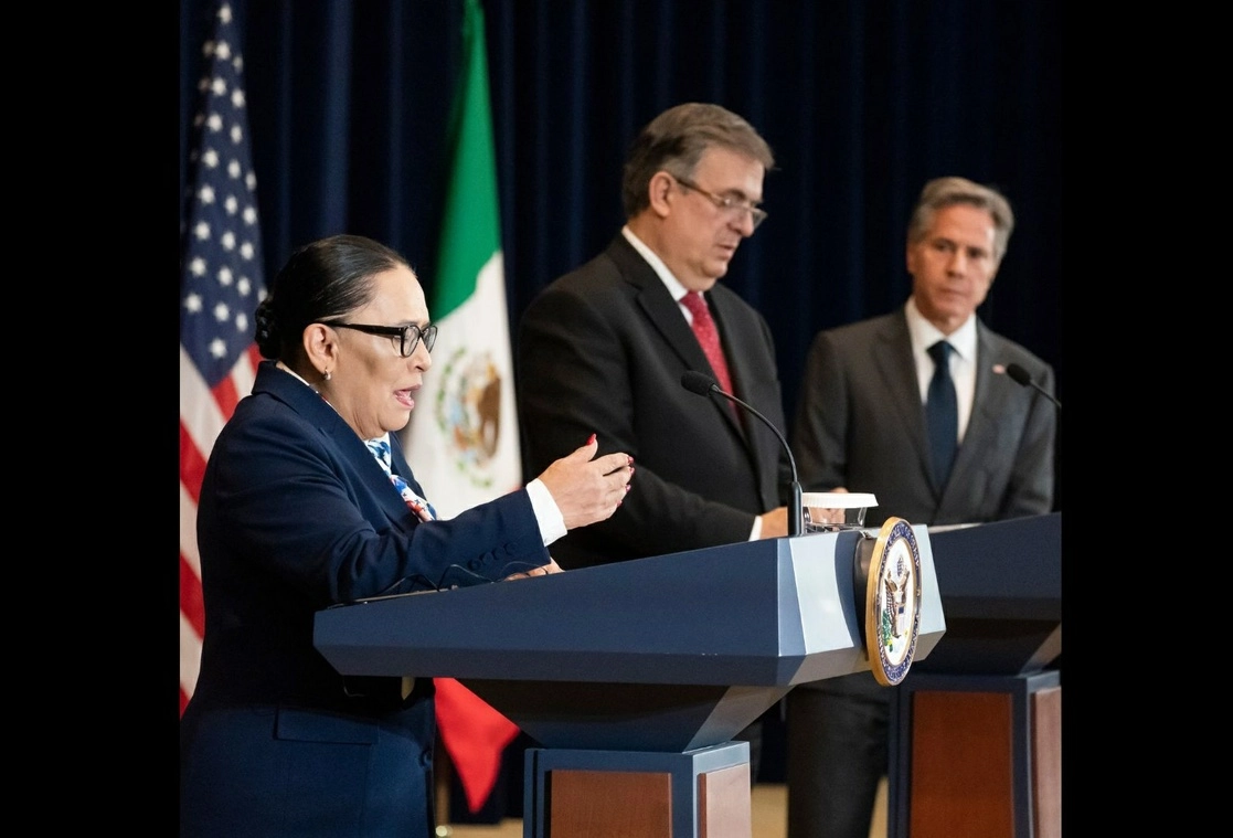 Rosa Icela Rodríguez, Marcelo Ebrard y Antony Blinken ofrecieron conferencia tras la reunión del Diálogo de Alto Nivel en Seguridad. Foto Ap




