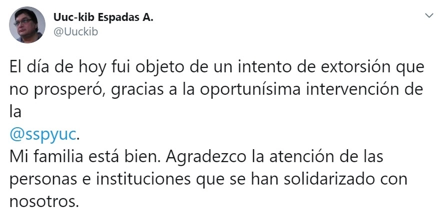 Mensaje del consejero Espadas publicado en su cuenta de Twitter