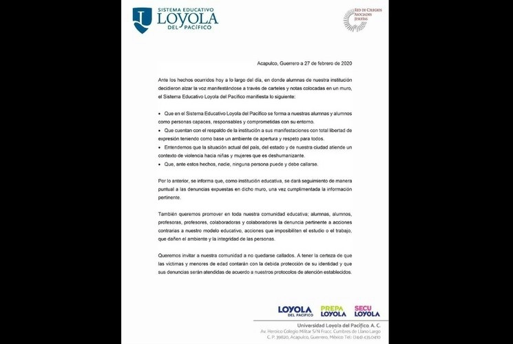 Comunicado de la Preparatoria Loyola, respecto a las denuncias de acoso sexual de sus alumnas. Foto Página de FB de Prepa Loyola