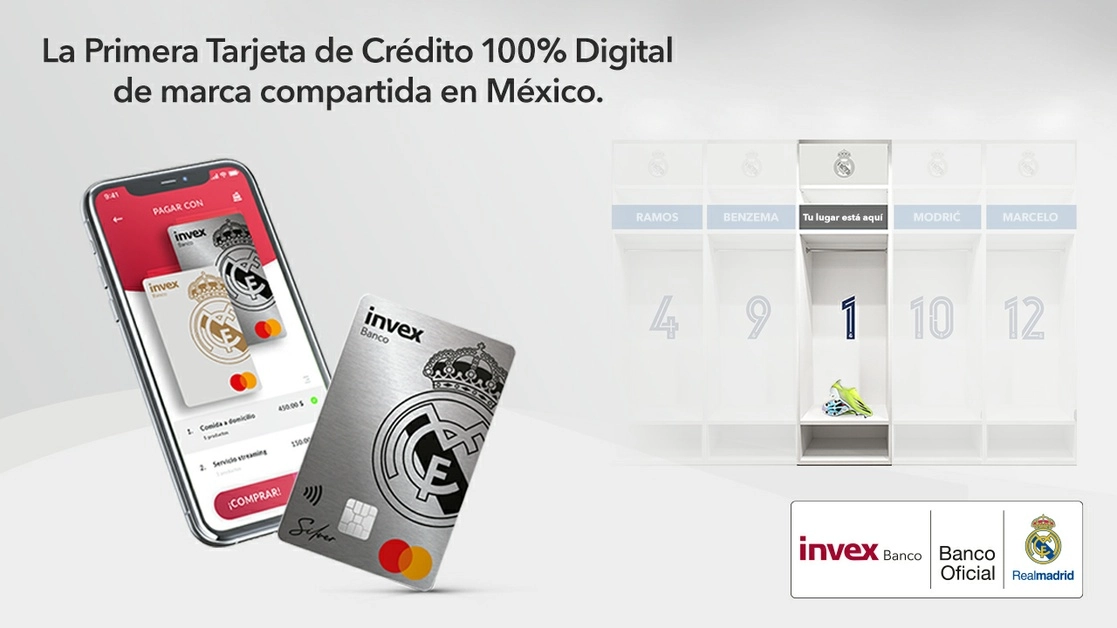 El banco presentó una tarjeta de crédito en conjunto con el club de futbol Real Madrid, la cual se contrata de forma cien por ciento digital y tiene dos versiones. Imagen tomada del Twitter de @INVEXBanco