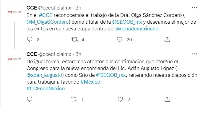 Publicaciones del CCE en su cuenta de twitter.