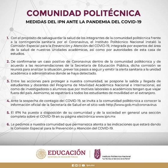 El Instituto informó que de confirmarse un caso positivo de coronavirus dentro de la comunidad politécnica, la comisión se reunirá para analizar la situación y determinar los pasos a seguir. Imagen tomada de @IPN_MX