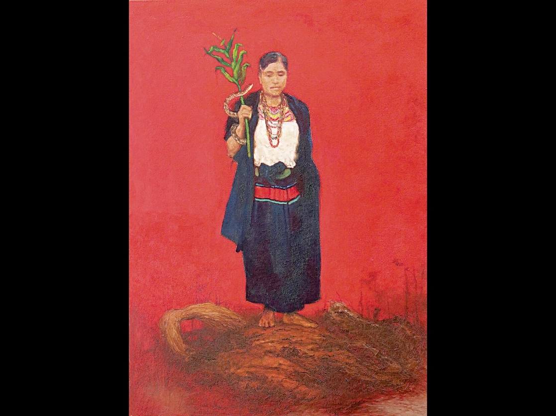 Para conmemorar el Día Internacional de la Lengua Materna (21 de febrero) y en homenaje a los pueblos originarios, Darwin Cruz realizó en 2022 el óleo ‘Lajkña Ch’ol’, símbolo de la comunidad campesina “que sigue trabajando la tierra y que se resiste a los cambios en las sociedades contemporáneas”, compartió el artista en su cuenta de Instagram. Foto cortesía de Darwin Cruz 


