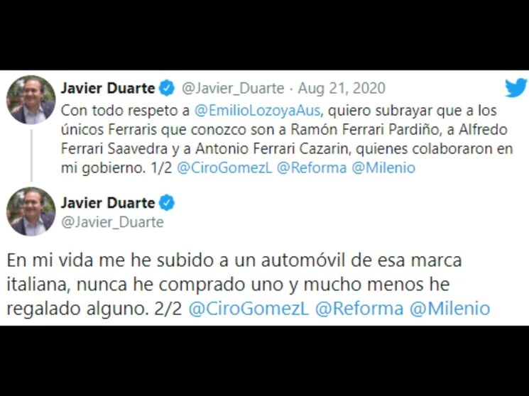 Javier Duarte de Ochoa, ex gobernador de Veracruz, rechazó los señalamientos que le hizo ante la Fiscalía General de la República el ex director de Pemex, Emilio Lozoya Austin, respecto a que el ex mandatario estatal le regaló un automóvil de la marca Ferrari al ex presidente Enrique Peña Nieto. Imagen tomada del Twitter de @Javier_Duarte
