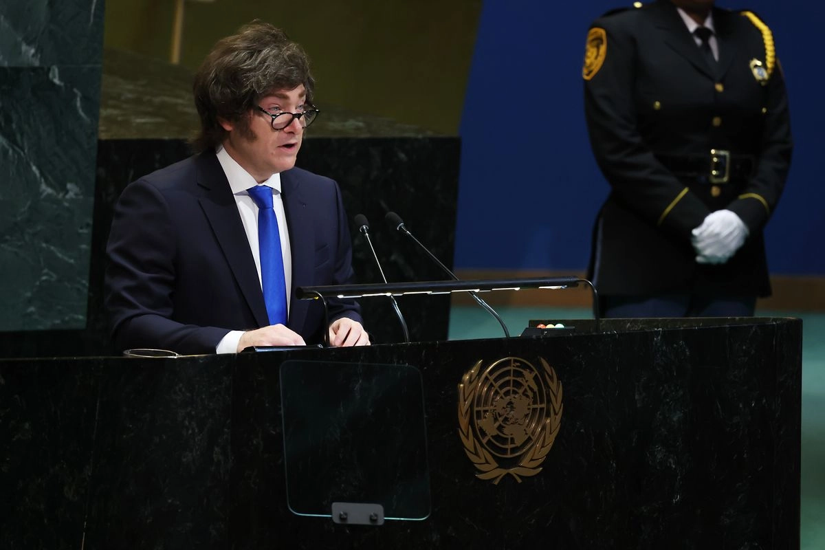 Javier Milei, presidente de Argentina, durante su participación en la Asamblea General de la ONU, en NY, en la cual elogió las políticas migratorias del mandatario estadunidense, Donald Trump, señalando que las aplicó "antes de que sea demasiado tarde", el 24 de septiembre de 2025. Foto 