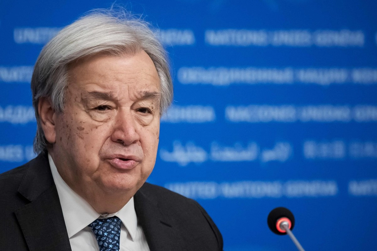 El Secretario General de la ONU, Antonio Guterres, durante una conferencia de prensa en el marco de la 16 Conferencia Ministerial de las Naciones Unidas sobre Comercio y Desarrollo (Unctad), en Ginebra, Suecia, el 22 de octubre de 2025. Foto  