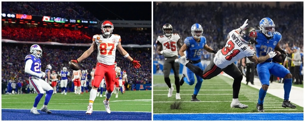 El ala cerrada de Kansas, Travis Kelce (87), logra el primero de sus ‘touchdowns’ en el partido de ayer contra Búfalo. En la imagen de izquierda, el corredor de los Leones Jahmyr Gibbs (derecha) burla al bucanero Antoine Winfield Jr (31) para cruzar las diagonales. Foto Ap 