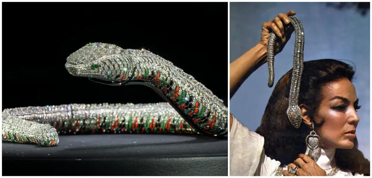 La pieza más deslumbrante de la exhibición es la flexible serpiente que la actriz mexicana comisionó en 1968 a los joyeros. Foto cortesía del museo y tomada de X