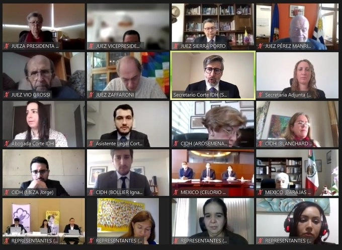 Primera jornada de la audiencia pública del Caso Familiares de Digna Ochoa y Plácido contra México que realiza la Corte Interamericana de Derechos Humanos, el 26 de abril de 2021. Imagen tomada del Twitter de @CorteIDH
 