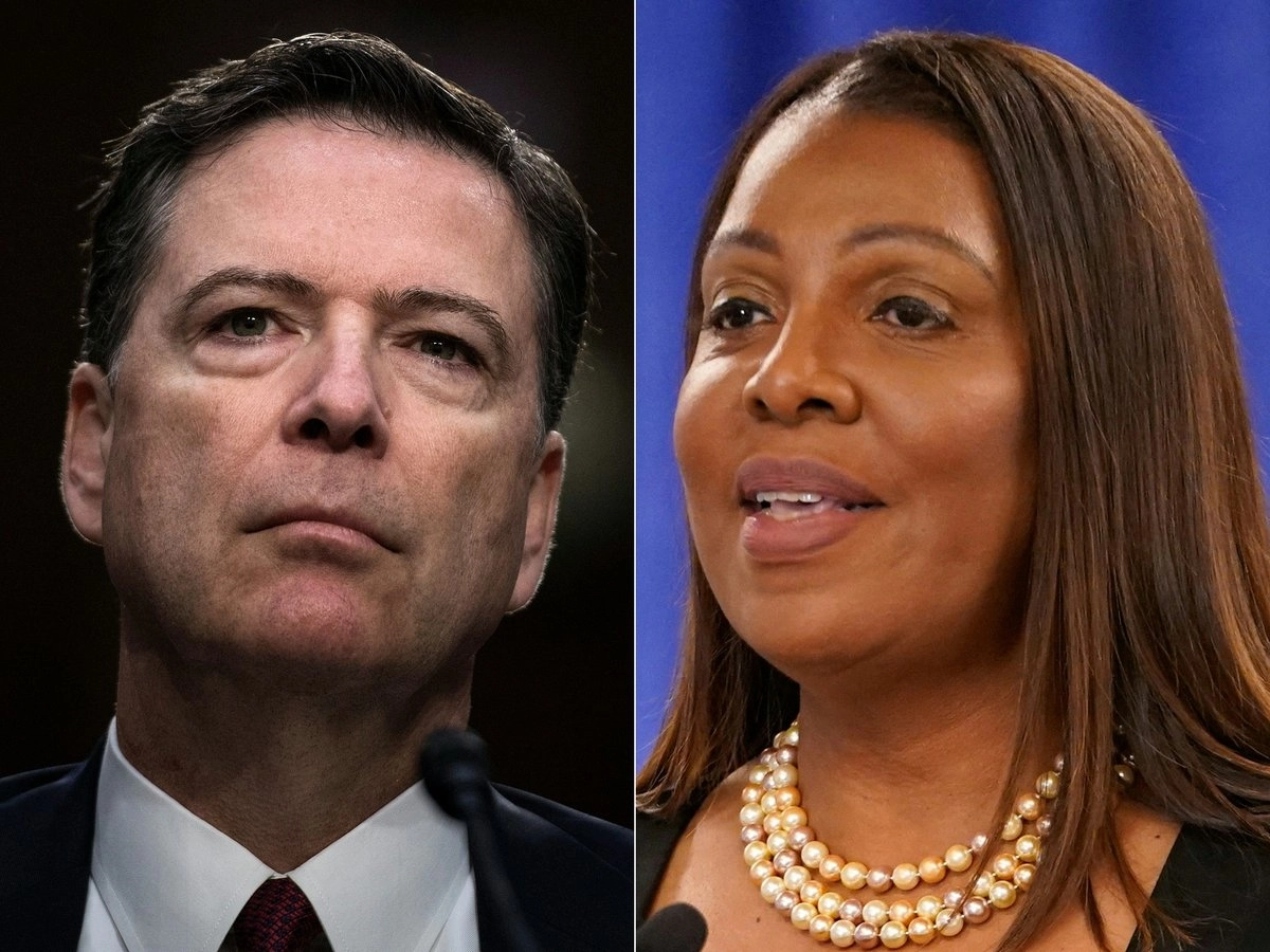 El ex director del FBI James Comey y la fiscal general de Nueva York, Letitia James, en Nueva York el 16 de febrero de 2024. 