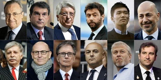 Propietarios o presidentes de los 12 principales clubes de futbol europeos que anunciaron el lanzamiento de la Superliga. Foto Afp / Archivo