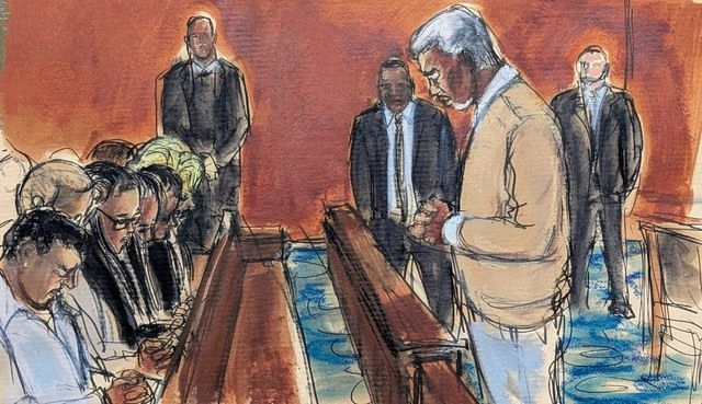 En este sketch judicial, Sean "Diddy" Combs, a la derecha, guía a su familia en una oración antes del veredicto. Foto 
