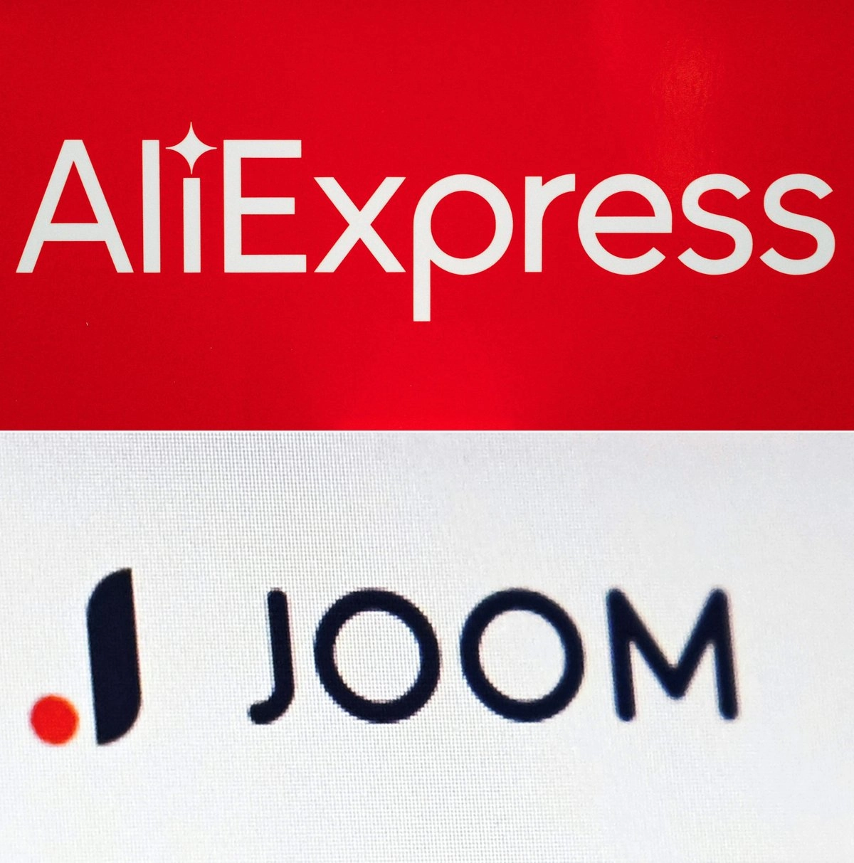 Esta combinación de imágenes de archivo, creada el 26 de noviembre de 2025, muestra el logotipo de "AliExpress" en una tienda temporal en París, el 24 de septiembre de 2020 (arriba) y el logotipo del sitio web de comercio electrónico "Joom", el 6 de marzo de 2019 en París. Foto