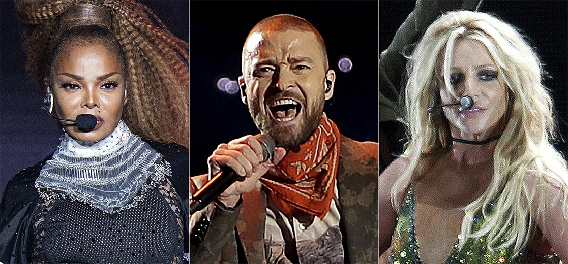 Justin Timberlake (c) y las cantantes Britney Spears (der) y Janet Jackson (izq) en imagen de archivo. Foto Ap