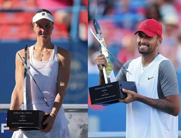 La rusa Liudmila Samsonova y el australiano Nick Kyrgios se coronaron en los torneos WTA y ATP de Washington. Foto Afp

