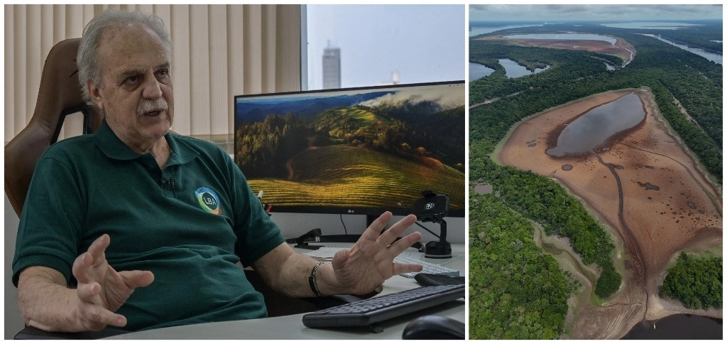 El climatólogo brasileño y copresidente del Panel Científico de la Amazonia. Vista aérea de un lago seco en Anavilhanas, estado de Amazonas. Varios afluentes del río más largo y caudaloso del mundo, se encuentran en una “situación crítica" debido a la sequía histórica que afecta a Brasil. Foto Afp 