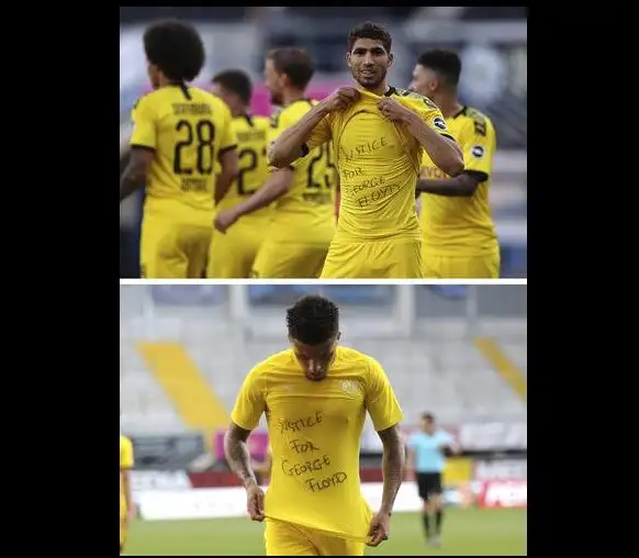 Achraf Hakimi (en la imagen superior) y Jadon Sancho, ambos del Borussia Dortmund, son dos de los jugadores que protestaron por el asesinato del afroestadunidense George Floyd. Foto Afp