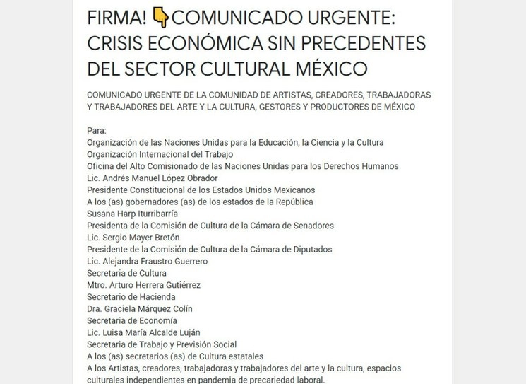La comunidad artística y cultural del país hizo un nuevo y urgente llamado al presidente Andrés Manuel López Obrador para que apoye a ese gremio afectado por la pandemia del nuevo coronavirus 