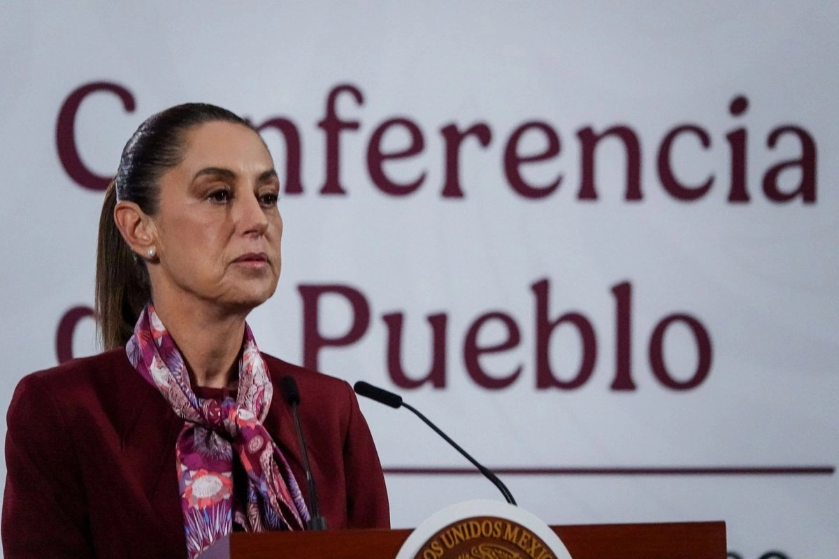 La presidenta Claudia Sheinbaum, durante su conferencia de esta mañana desde Palacio Nacional.