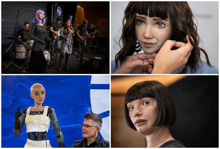 Los autómatas ‘Desdémona’, ‘Grace’, ‘Sophie’ y ‘Ai-Da’ en la conferencia de prensa convocada por la ONU, al término de la Cumbre Mundial sobre IA para el Bien Social. Foto Afp 