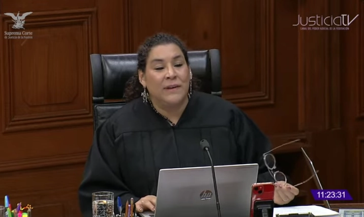 La ministra Lenia Batres, al exponer su posición frente a la discusión sobre el proyecto para invalidar la reforma al Poder Judicial. Imagen tomada de la transmisión en vivo 
