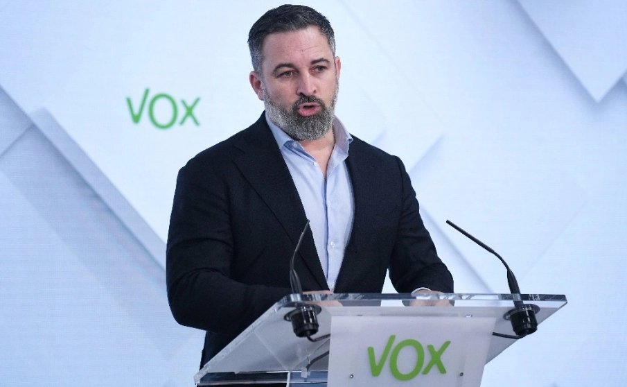 El líder de VOX, Santiago Abascal, durante una rueda de prensa en Madrid, España. 