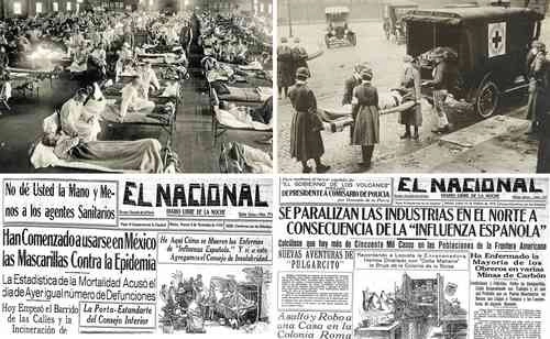 Hospital repleto de enfermos de gripe española y ambulancias con personal sanitario durante el traslado de pacientes. Luego, primeras planas del periódico El Nacional, de México, donde se da cuenta del desarrollo de la contingencia sanitaria. Foto capturas de pantalla de la presentación 'La influenza de 1918 y la Revolución Mexicana'
